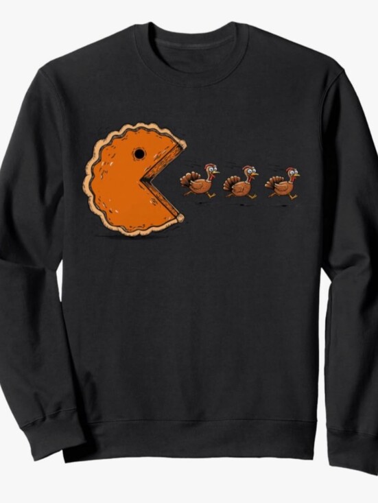 Port and Company Other - Thanksgiving Graphic Sweatshirt Pac Man Pie Chasing Turkeys Black Size Medium